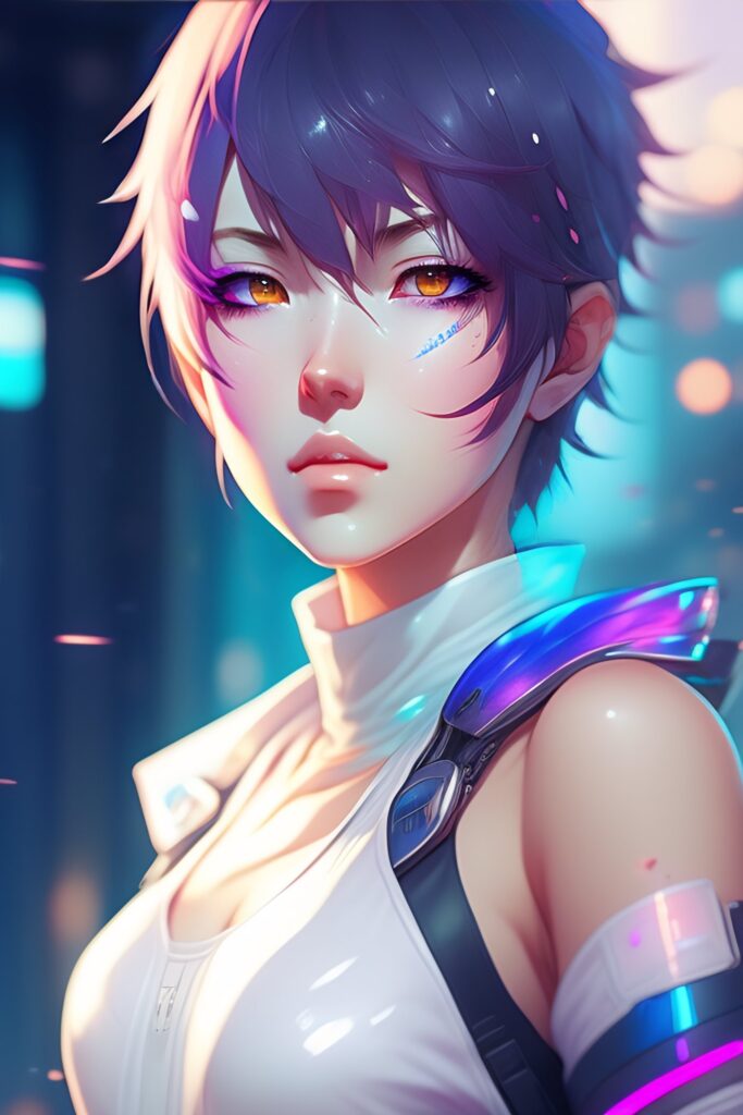 Prompt: "Anime cyberpunk woman with Pastel Rainbow white blue short hair,Light Pink eyes, 20 years old, by makoto shinkai, stanley artgerm lau, wlop, rossdraws"