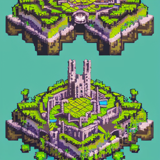 Prompt: "8bit, pixel art, isometric, topdown fantasy, City of Dresden, RPG, high fantasy, artstation, concept art, abandoned castle, moss, final fantasy, legend of zelda, 8bit video game art, pixel artistry"