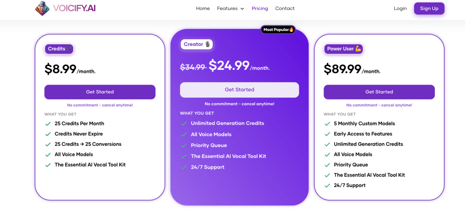 Pricing page of Voicify.Ai