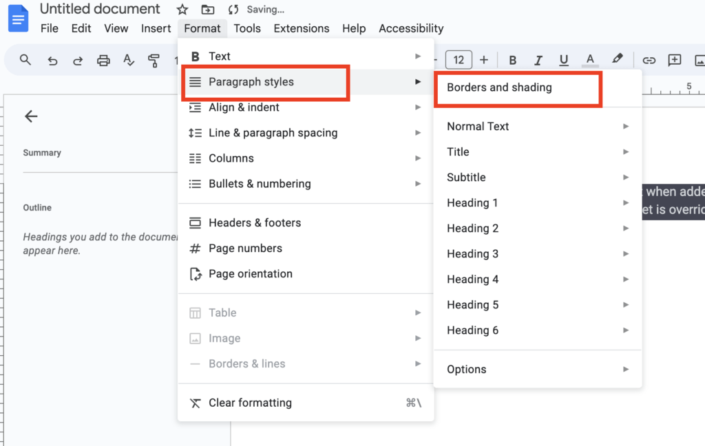 Cursor over 'Paragraph styles' and then border shading