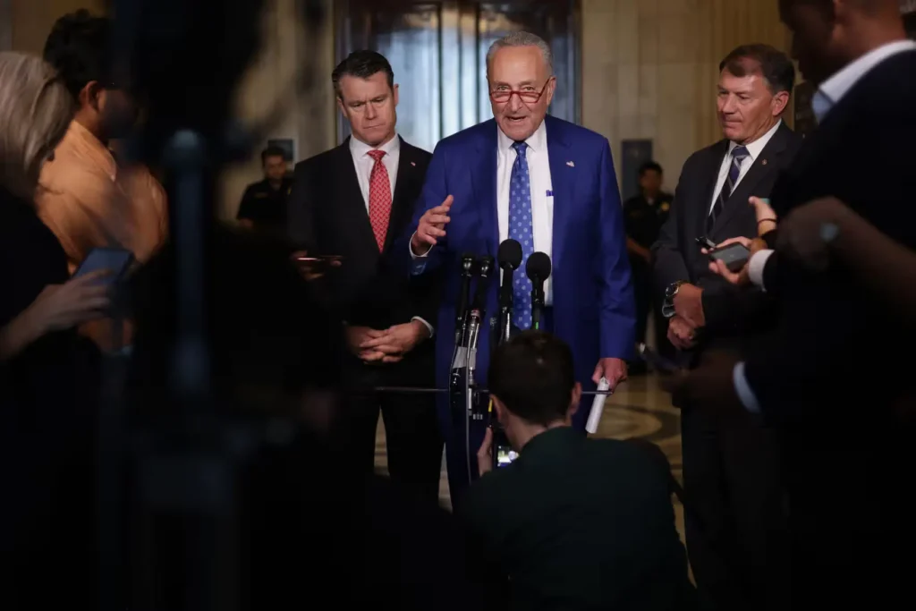 Senate majority leader Chuck Schumer addresses the press.