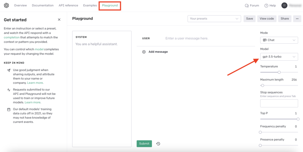 OpenAI playground to try ChatGPT