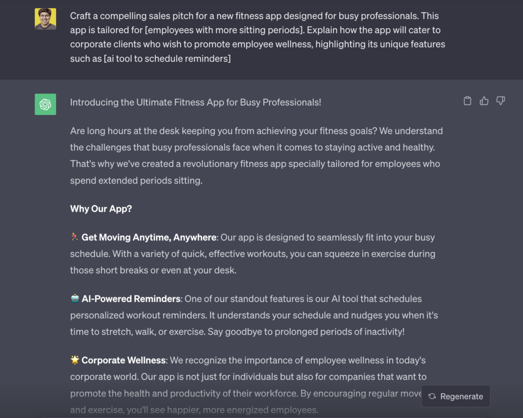 Chatgpt creating a sales pitch with prompt