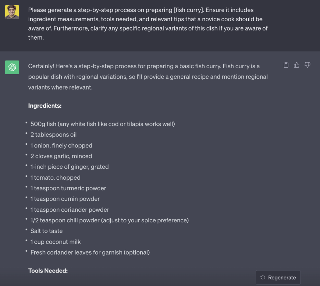 Example of ChatGPT generating recipe of Fish Curry with a simple prompt