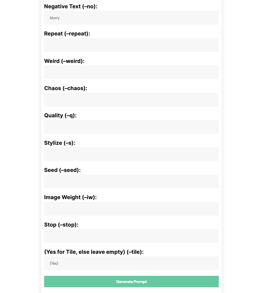 Other fields to fill in the Midjourney prompt generator