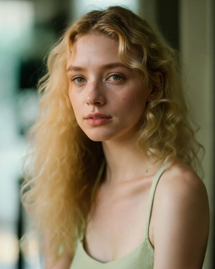 a close up of a woman with long blonde hair AI prompt for photograph