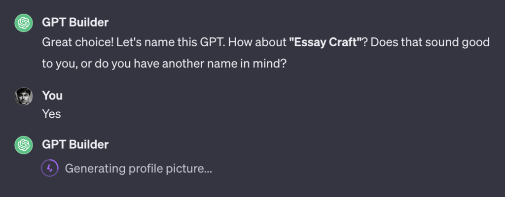 ChatGPT suggesting name and profile picture for Custom GPT