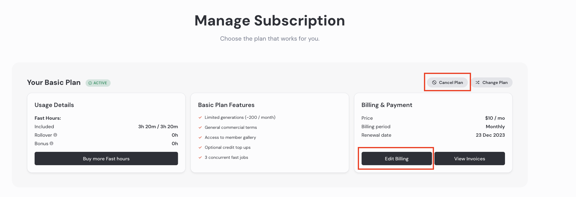 Click edit billing or cancel plan in Midjourney