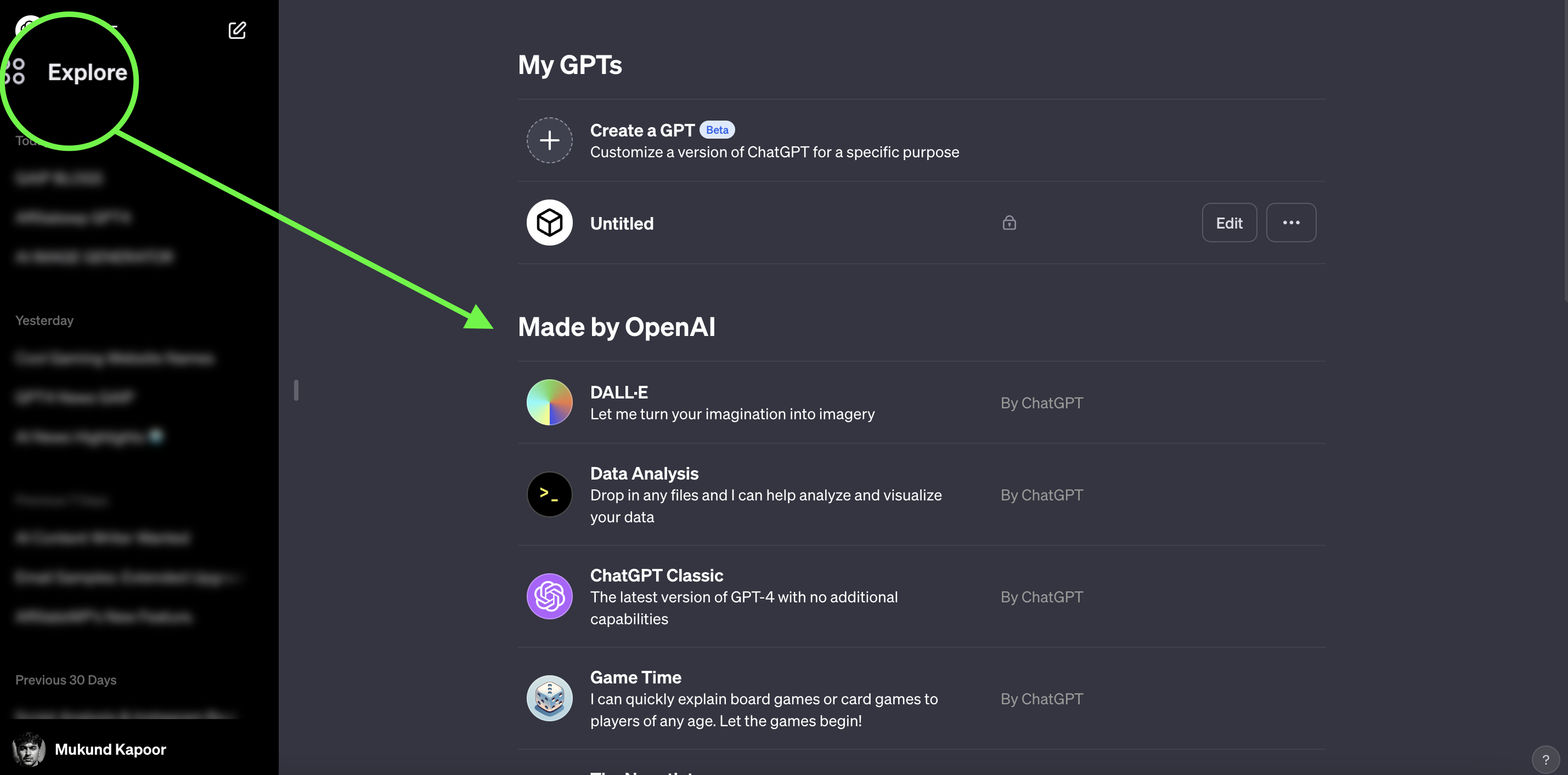 Click explore to show the My GPTs in ChatGPT
