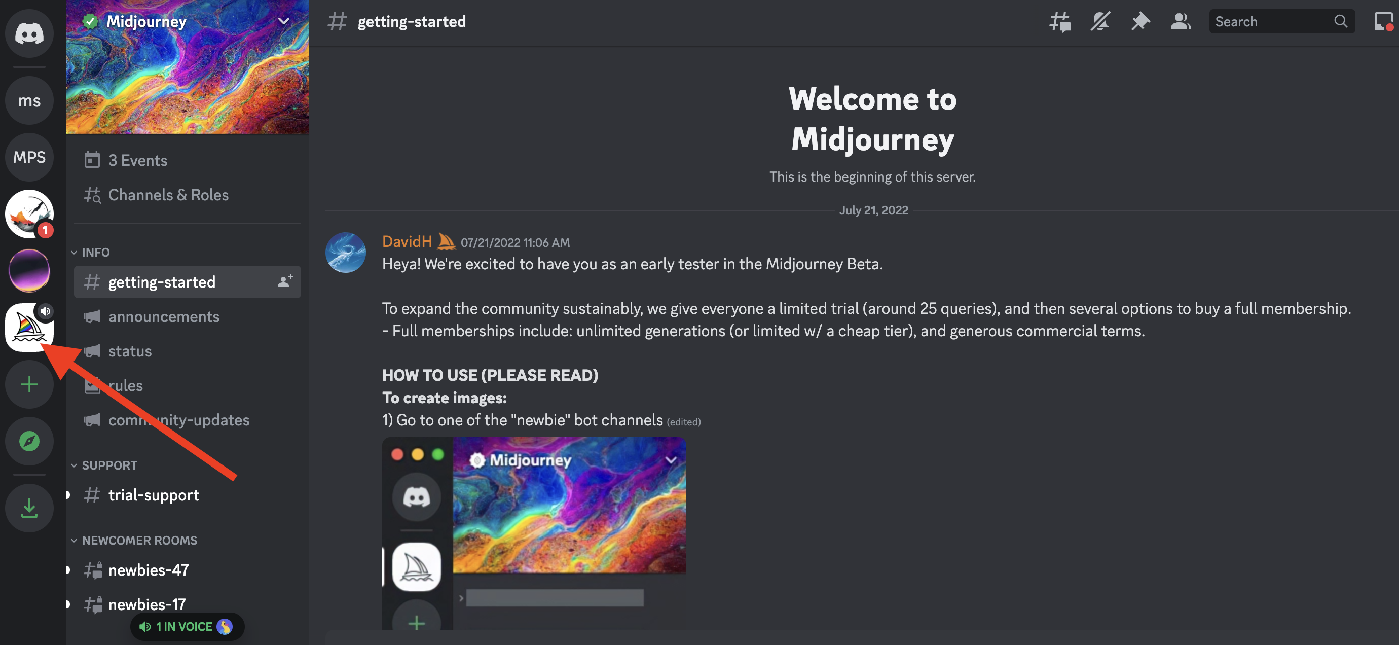 Click Midjourney server from left discord menu panel