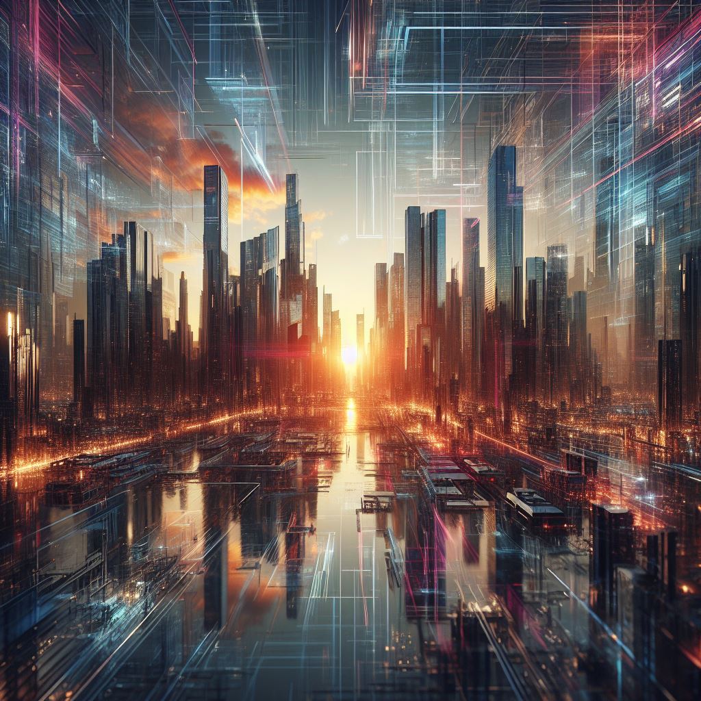 Futuristic, cityscape, reflecting sunset, concept art