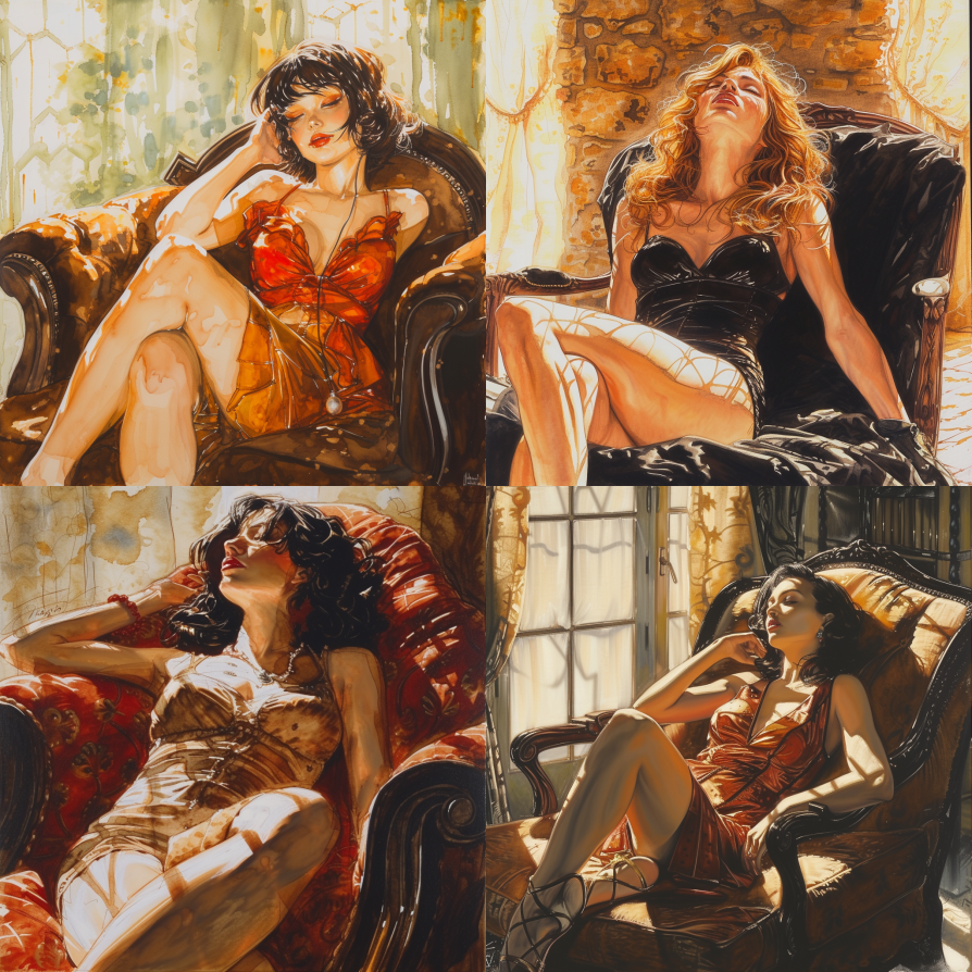 woman reclining on a chaise longue milo manara style