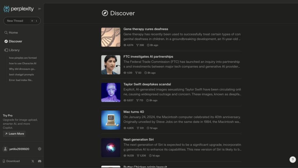 Perplexity Discover tab