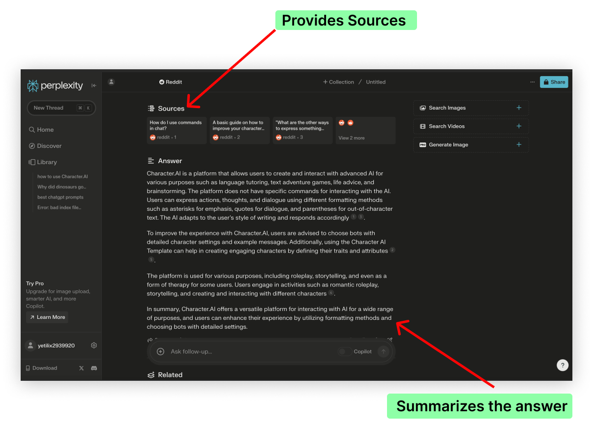 perplexity answering reddit query