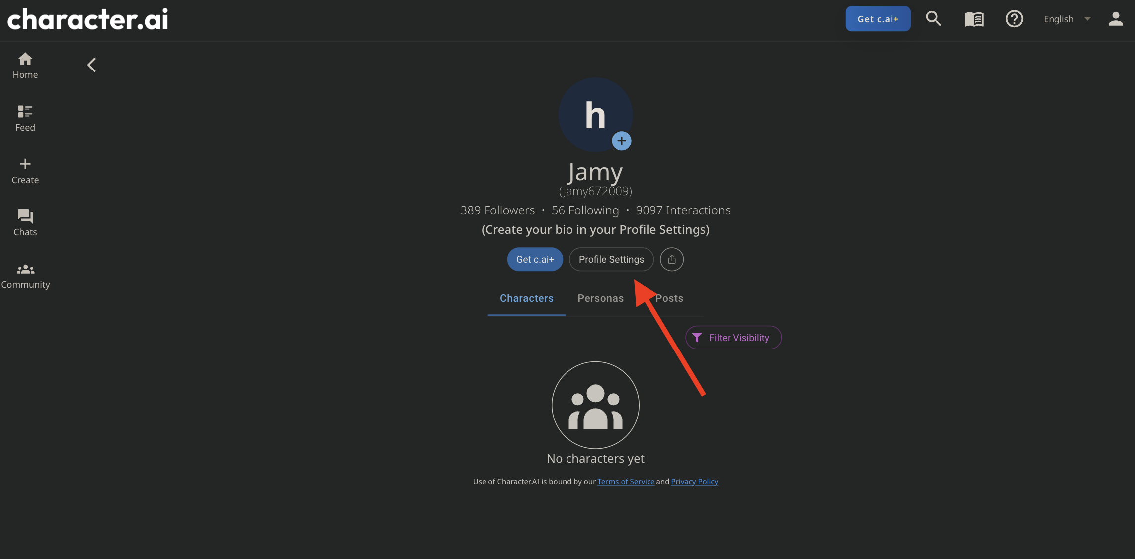 image showing where to click profile settings on character ai