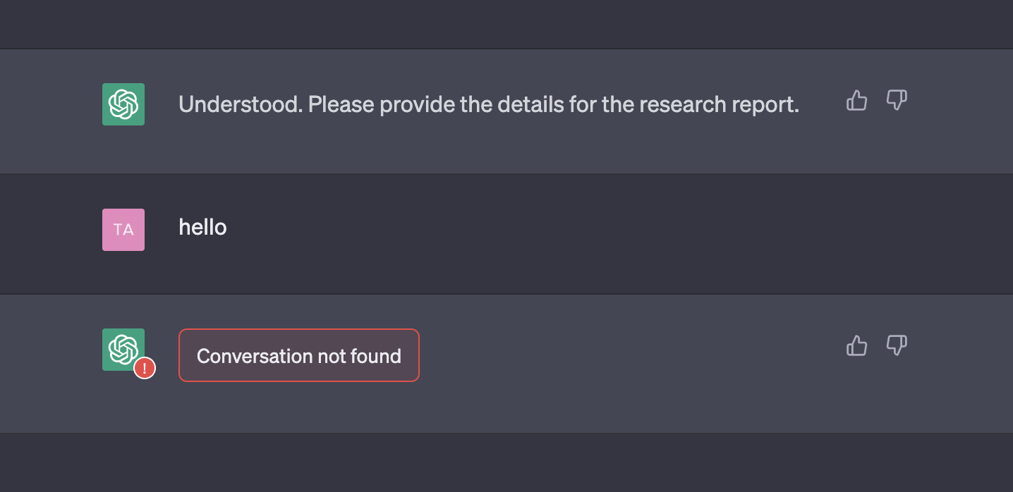 Conversation not found error in ChatGPT