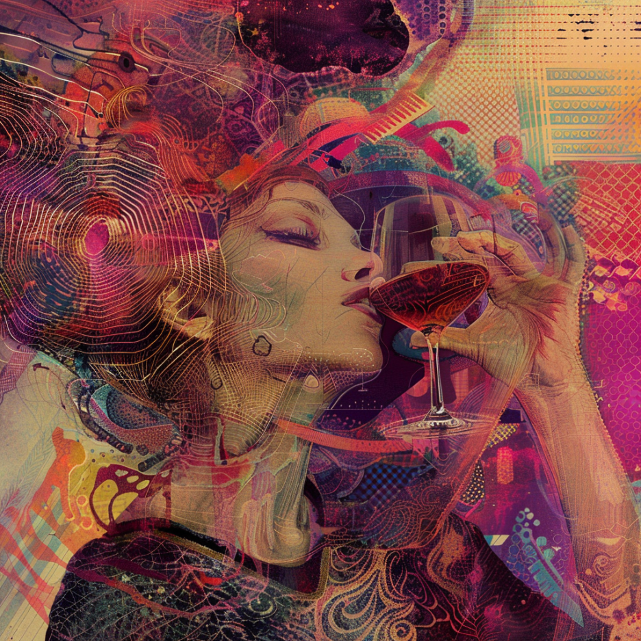 album art with a women drinking wine, abstract experimental style