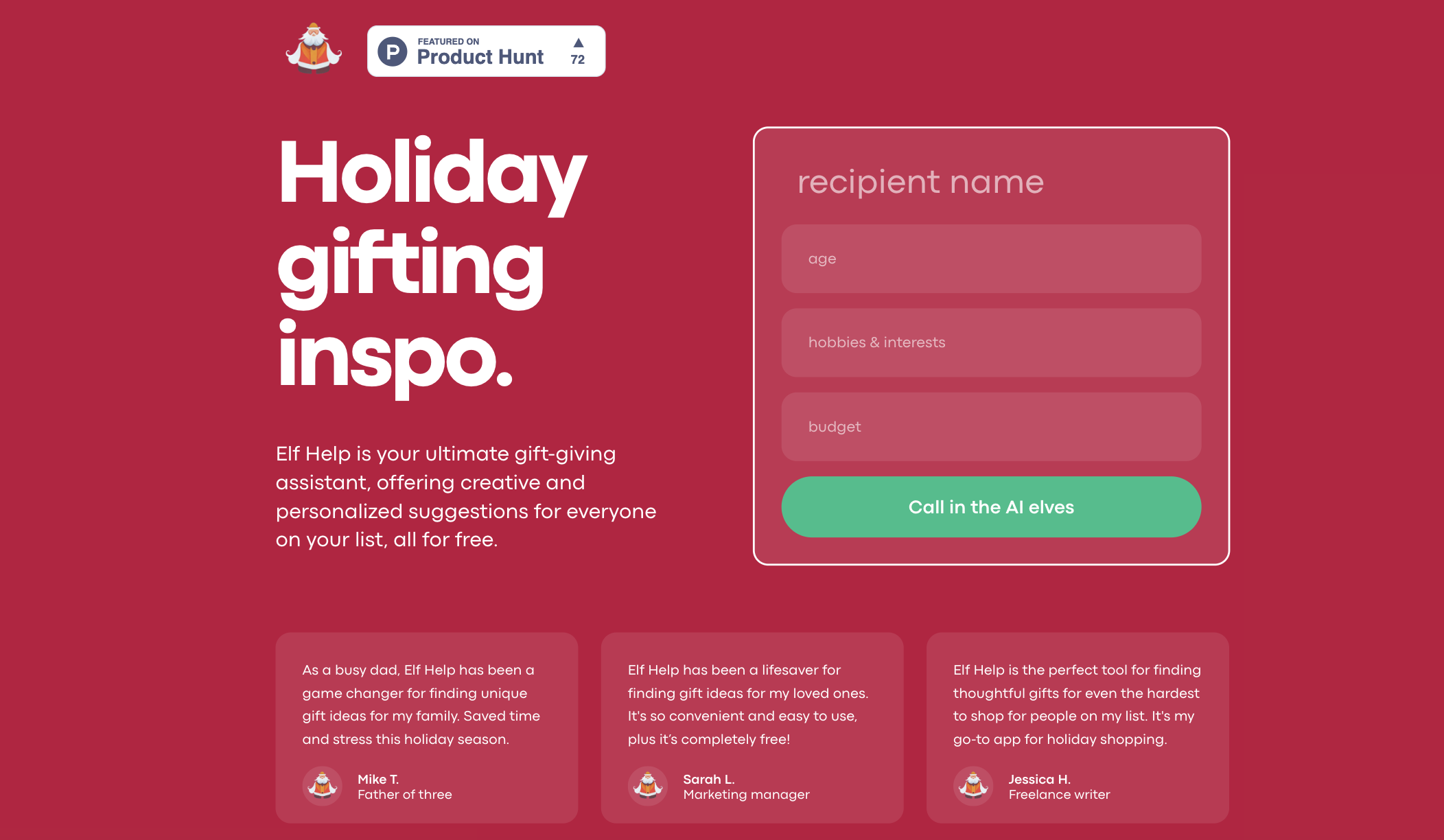 Elfhelp.AI ai tool for finding gift ideas